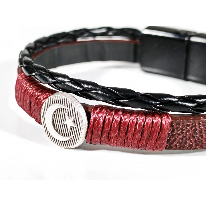 Metal Ay Yıldız Figürlü Erkek Siyah Kahverengi Deri Bileklik - 20 Cm