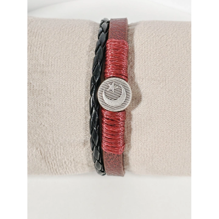 Metal Ay Yıldız Figürlü Erkek Siyah Kahverengi Deri Bileklik - 20 Cm