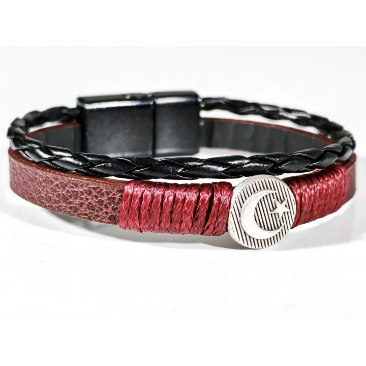 Metal Ay Yıldız Figürlü Erkek Siyah Kahverengi Deri Bileklik - 20 Cm