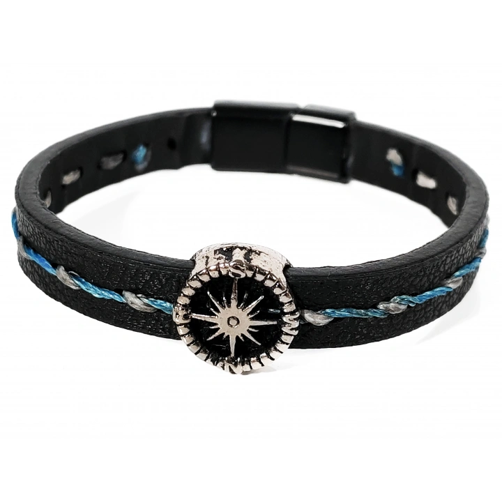 Pusula Figürlü Erkek Siyah Deri Bileklik - 20 Cm