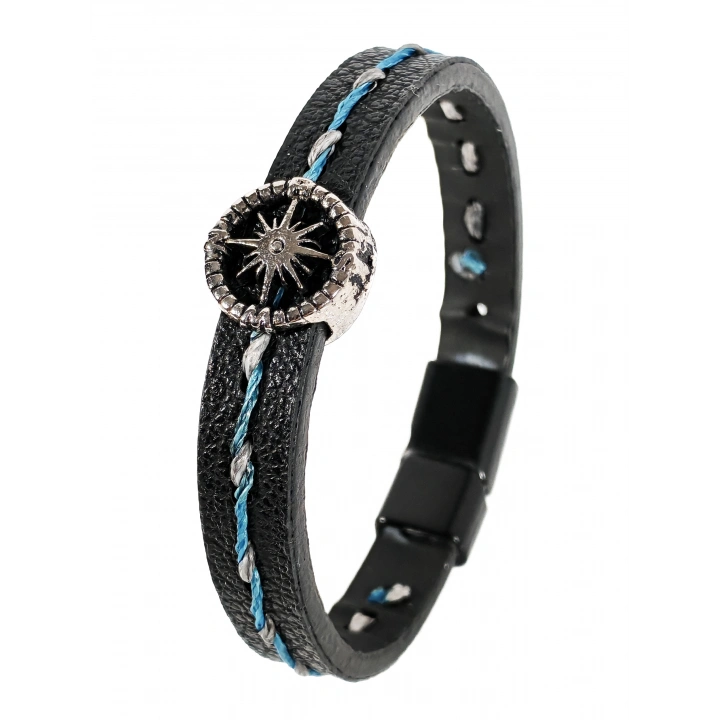 Pusula Figürlü Erkek Siyah Deri Bileklik - 20 Cm