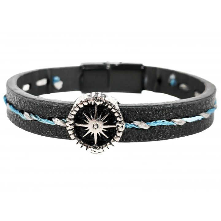 Pusula Figürlü Erkek Siyah Deri Bileklik - 20 Cm