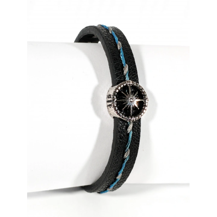 Pusula Figürlü Erkek Siyah Deri Bileklik - 20 Cm