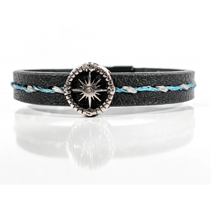 Pusula Figürlü Erkek Siyah Deri Bileklik - 20 Cm