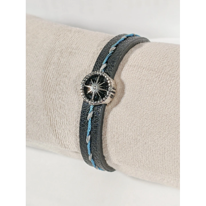 Pusula Figürlü Erkek Siyah Deri Bileklik - 20 Cm