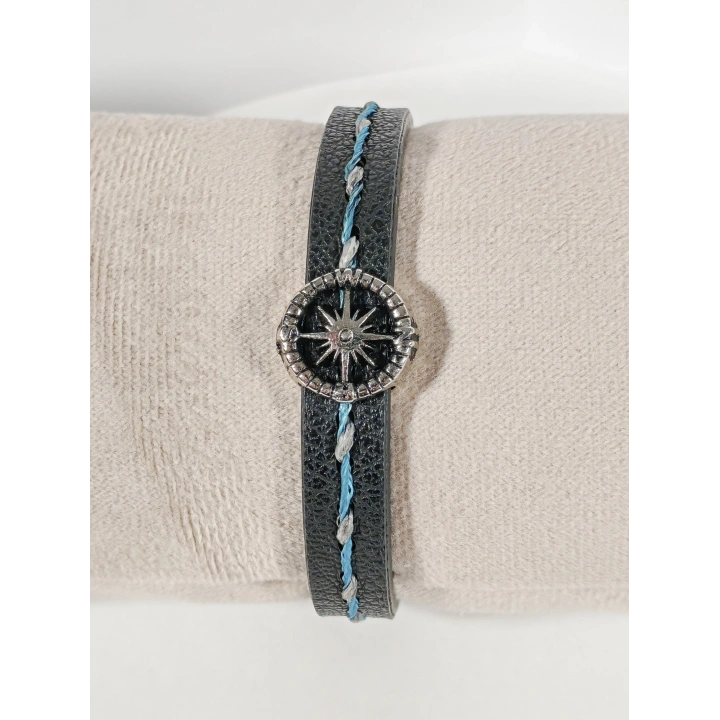 Pusula Figürlü Erkek Siyah Deri Bileklik - 20 Cm