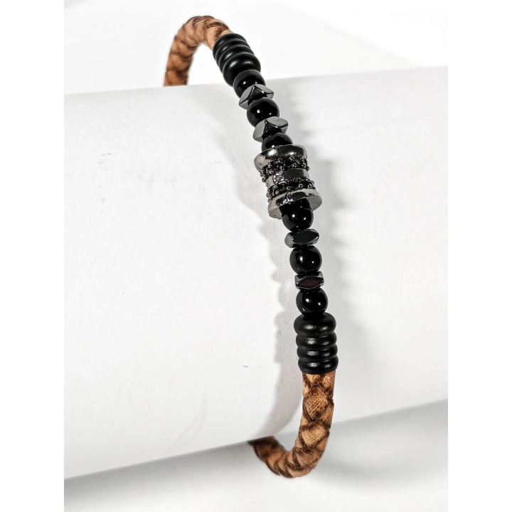 Kahverengi Örgü Deri ve Zirkon, Hematit, Oniks Taşlı Yaylı Erkek Bileklik – Doğal Şıklık ve Modern Detaylar