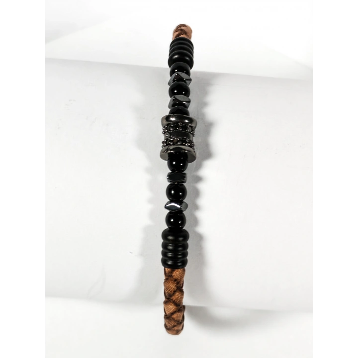 Kahverengi Örgü Deri ve Zirkon, Hematit, Oniks Taşlı Yaylı Erkek Bileklik – Doğal Şıklık ve Modern Detaylar