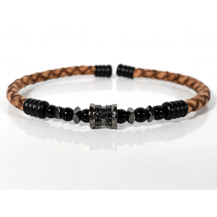 Kahverengi Örgü Deri ve Zirkon, Hematit, Oniks Taşlı Yaylı Erkek Bileklik – Doğal Şıklık ve Modern Detaylar