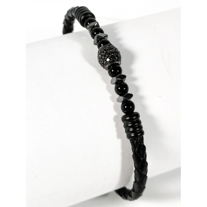 Siyah Örgü Deri ve Zirkon, Hematit, Oniks Taşlı Yaylı Erkek Bileklik – Doğal Şıklık ve Modern Detaylar
