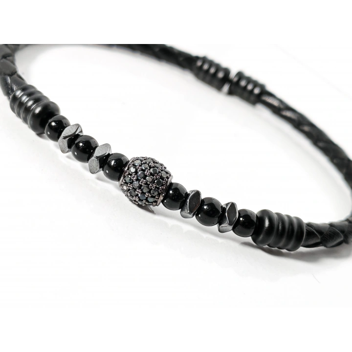 Siyah Örgü Deri ve Zirkon, Hematit, Oniks Taşlı Yaylı Erkek Bileklik – Doğal Şıklık ve Modern Detaylar