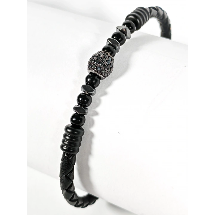 Siyah Örgü Deri ve Zirkon, Hematit, Oniks Taşlı Yaylı Erkek Bileklik – Doğal Şıklık ve Modern Detaylar