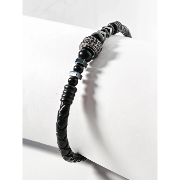 Siyah Örgü Deri ve Zirkon, Hematit, Oniks Taşlı Yaylı Erkek Bileklik – Doğal Şıklık ve Modern Detaylar