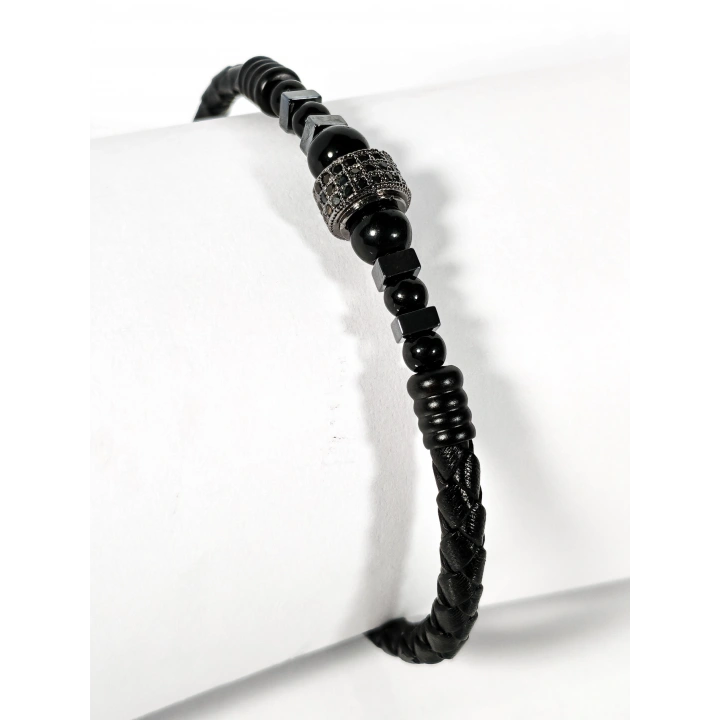 Siyah Örgü Deri ve Zirkon, Hematit, Oniks Taşlı Yaylı Erkek Bileklik – Doğal Şıklık ve Modern Detaylar