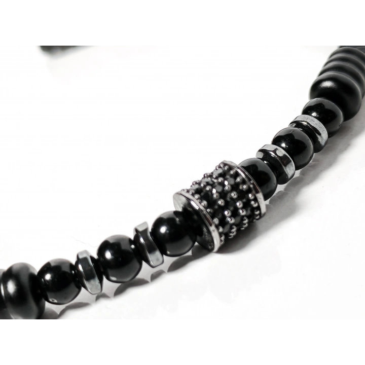 Siyah Örgü Deri ve Zirkon, Hematit, Oniks Taşlı Yaylı Erkek Bileklik – Doğal Şıklık ve Modern Detaylar