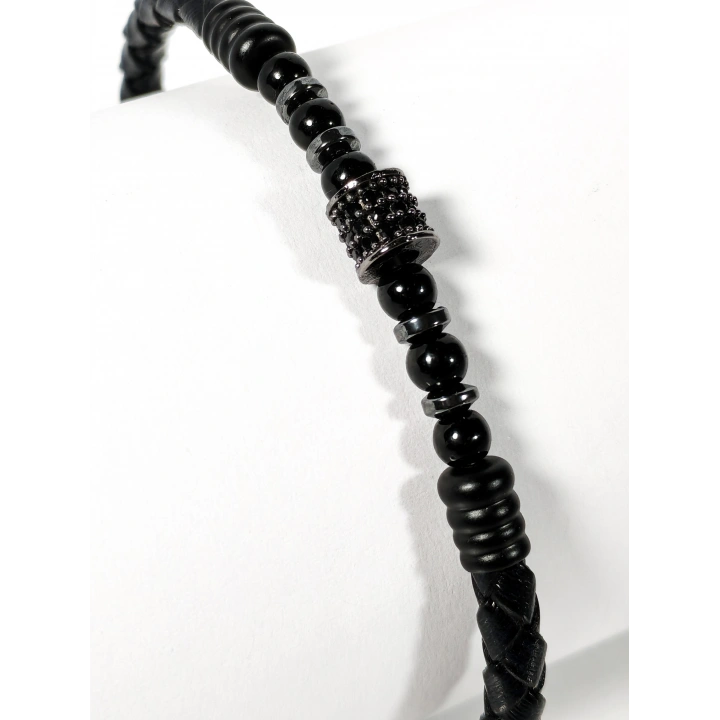 Siyah Örgü Deri ve Zirkon, Hematit, Oniks Taşlı Yaylı Erkek Bileklik – Doğal Şıklık ve Modern Detaylar