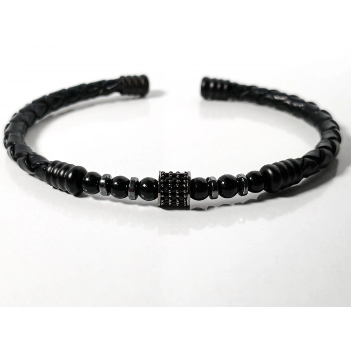 Siyah Örgü Deri ve Zirkon, Hematit, Oniks Taşlı Yaylı Erkek Bileklik – Doğal Şıklık ve Modern Detaylar