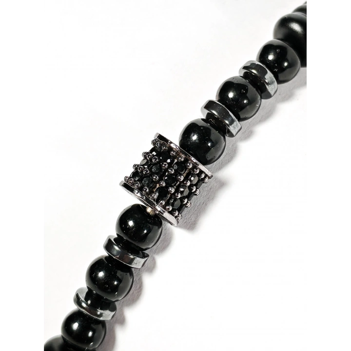 Siyah Örgü Deri ve Zirkon, Hematit, Oniks Taşlı Yaylı Erkek Bileklik – Doğal Şıklık ve Modern Detaylar