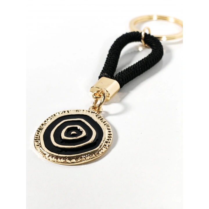 Siyah Örgü İpli Nazar Motifli Yuvarlak Metal Anahtarlık – Modern, Güçlü ve Şık Tasarım