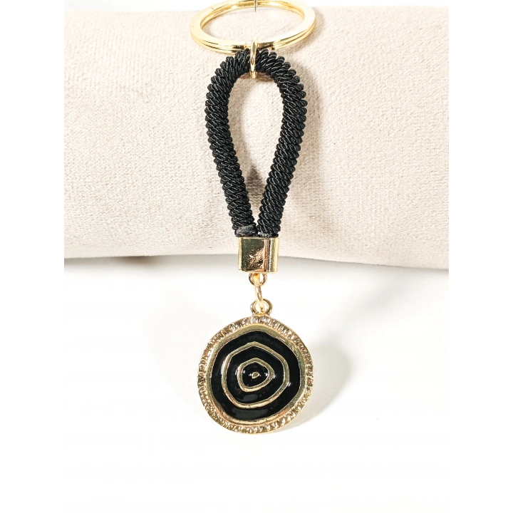 Siyah Örgü İpli Nazar Motifli Yuvarlak Metal Anahtarlık – Modern, Güçlü ve Şık Tasarım