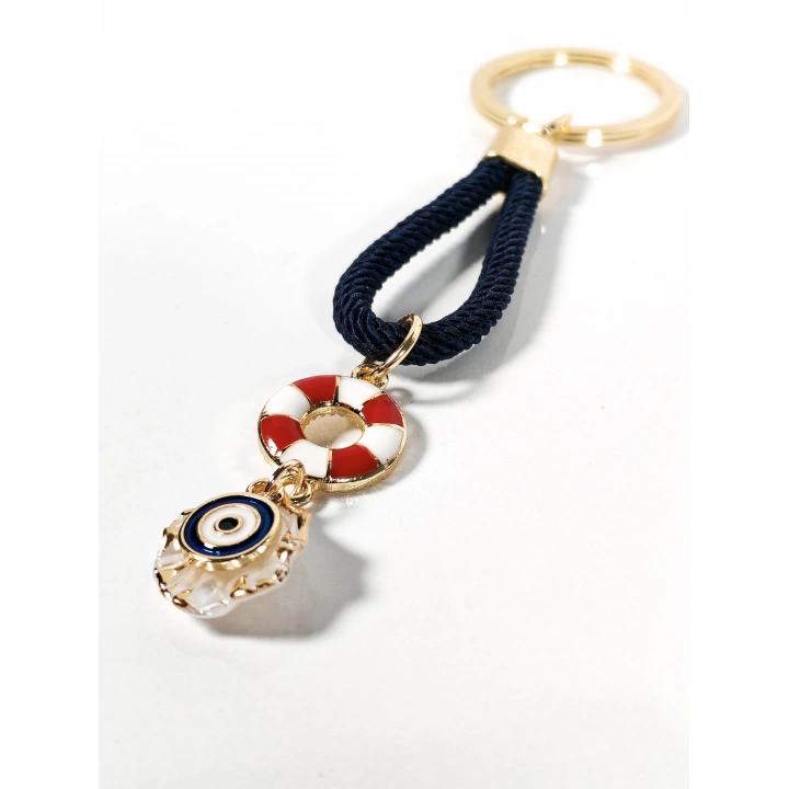 Lacivert Örgü İpli Can Simidi ve Nazar Figürlü Metal Anahtarlık – Deniz Temalı Şık ve Anlamlı Tasarım