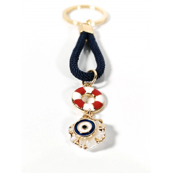 Lacivert Örgü İpli Can Simidi ve Nazar Figürlü Metal Anahtarlık – Deniz Temalı Şık ve Anlamlı Tasarım