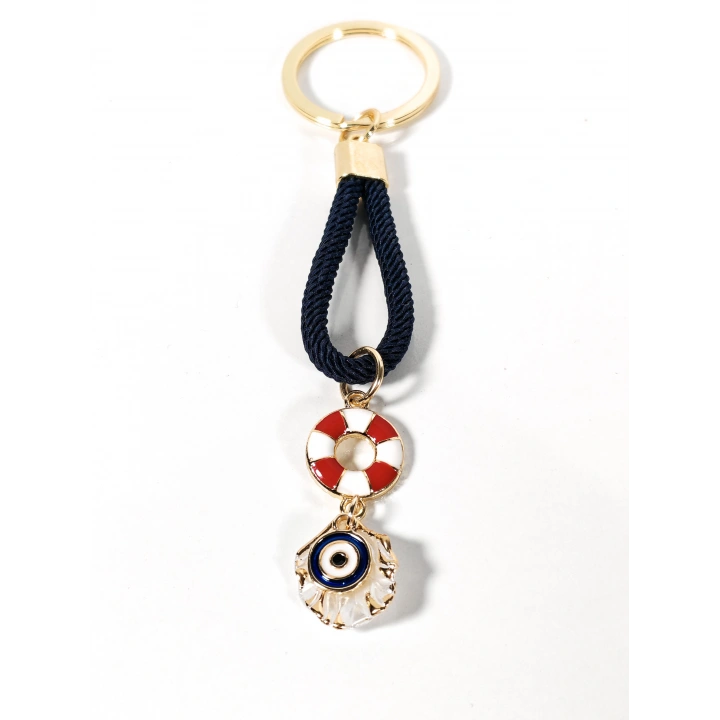Lacivert Örgü İpli Can Simidi ve Nazar Figürlü Metal Anahtarlık – Deniz Temalı Şık ve Anlamlı Tasarım