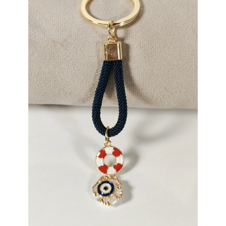 Lacivert Örgü İpli Can Simidi ve Nazar Figürlü Metal Anahtarlık – Deniz Temalı Şık ve Anlamlı Tasarım