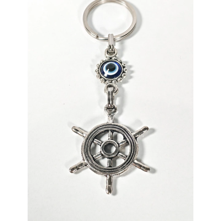 Nazar Boncuklu Dümen (Gemi Çarkı) Figürlü Anahtarlık – Yön, Koruma ve Yolculuk Enerjisi
