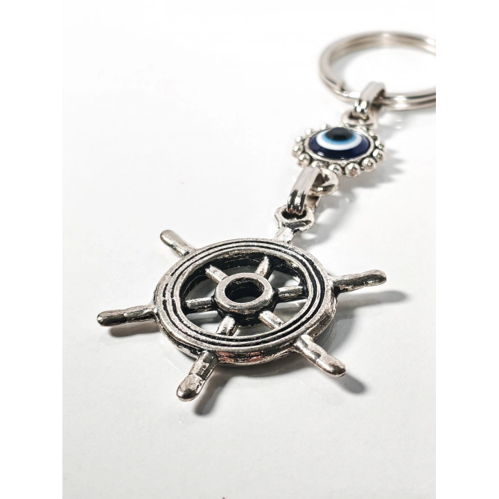 Nazar Boncuklu Dümen (Gemi Çarkı) Figürlü Anahtarlık – Yön, Koruma ve Yolculuk Enerjisi