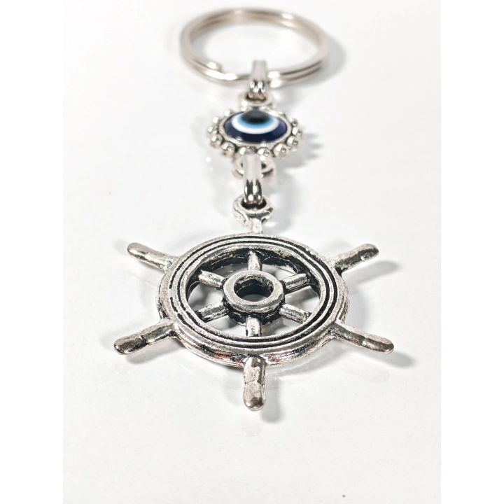Nazar Boncuklu Dümen (Gemi Çarkı) Figürlü Anahtarlık – Yön, Koruma ve Yolculuk Enerjisi