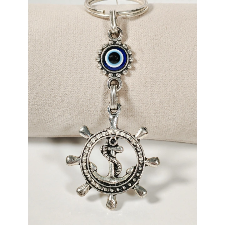 Nazar Boncuklu Dümen (Gemi Çarkı) Figürlü Anahtarlık – Yön, Koruma ve Yolculuk Enerjisi
