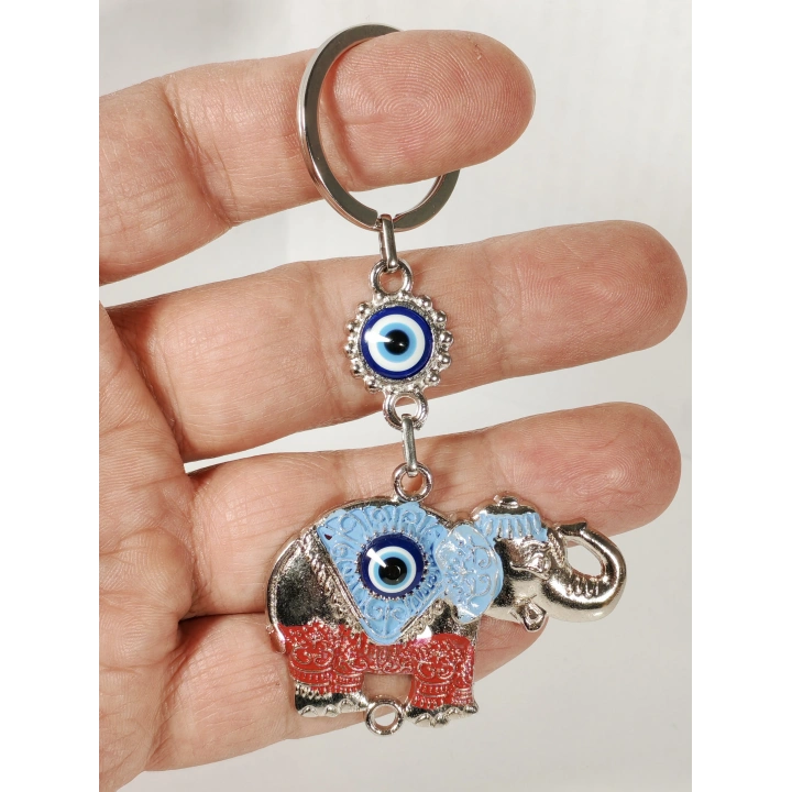 Fil Figürlü Nazar Boncuklu Metal Anahtarlık – Bereket, Güç ve Koruyucu Enerji