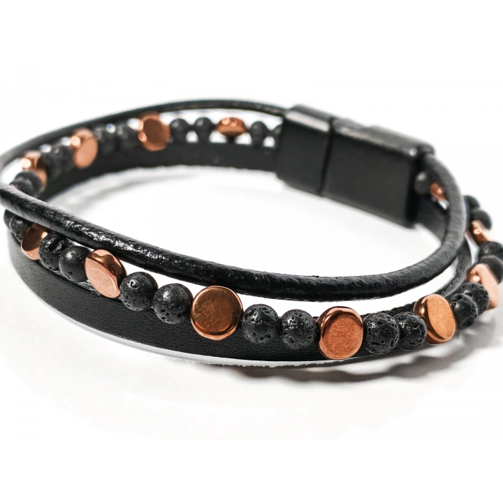 Lav Taşı ve Hematit Taşlı Deri Bileklik – Güç, Denge ve Topraklanma Enerjisi