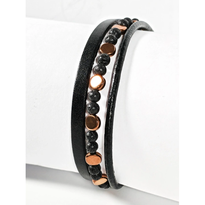 Lav Taşı ve Hematit Taşlı Deri Bileklik – Güç, Denge ve Topraklanma Enerjisi
