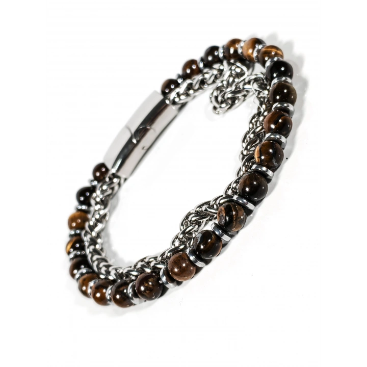 Çelik Zincirli Kaplan Gözü ve Hematit Taşlı Bileklik – Güç, Odaklanma ve Özgüven Enerjisi-21 cm