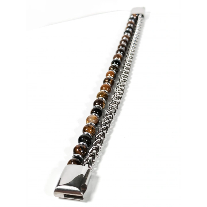 Çelik Zincirli Kaplan Gözü ve Hematit Taşlı Bileklik – Güç, Odaklanma ve Özgüven Enerjisi-21 cm