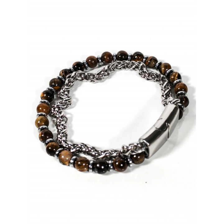 Çelik Zincirli Kaplan Gözü ve Hematit Taşlı Bileklik – Güç, Odaklanma ve Özgüven Enerjisi-21 cm