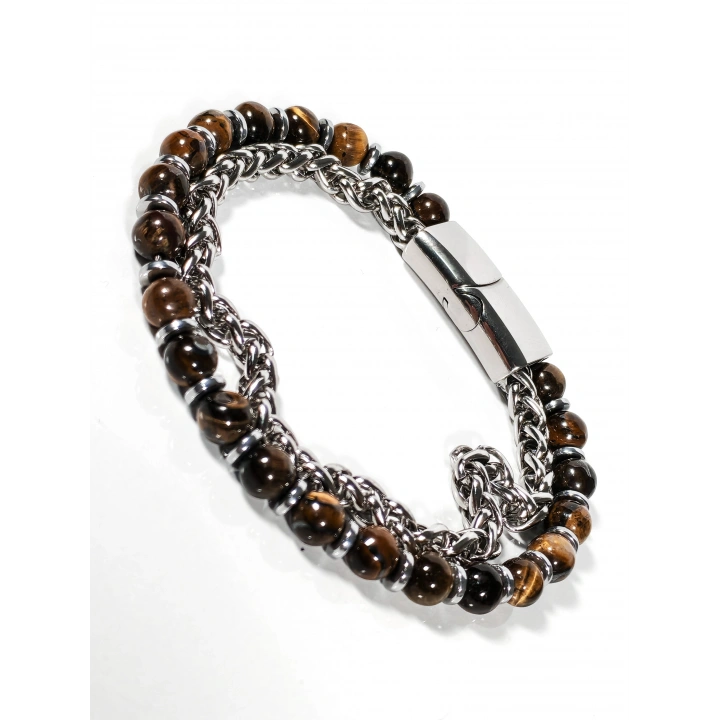 Çelik Zincirli Kaplan Gözü ve Hematit Taşlı Bileklik – Güç, Odaklanma ve Özgüven Enerjisi-21 cm