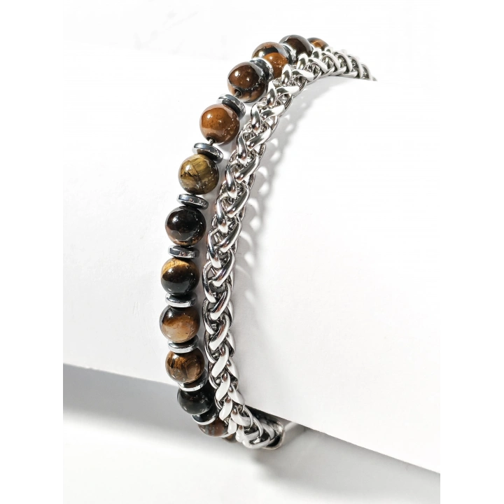 Çelik Zincirli Kaplan Gözü ve Hematit Taşlı Bileklik – Güç, Odaklanma ve Özgüven Enerjisi-21 cm