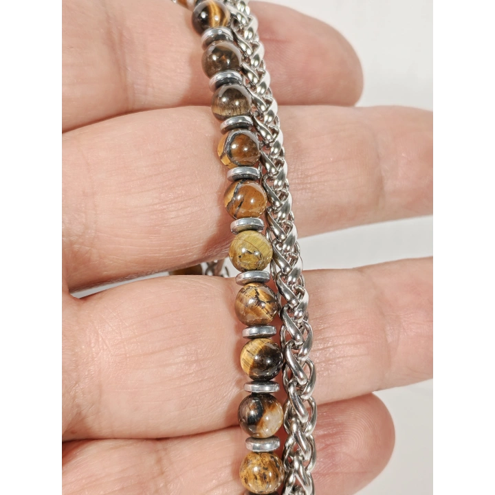 Çelik Zincirli Kaplan Gözü ve Hematit Taşlı Bileklik – Güç, Odaklanma ve Özgüven Enerjisi-21 cm