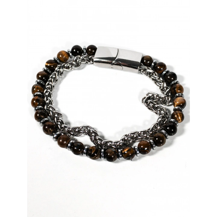 Çelik Zincirli Kaplan Gözü ve Hematit Taşlı Bileklik – Güç, Odaklanma ve Özgüven Enerjisi-21 cm