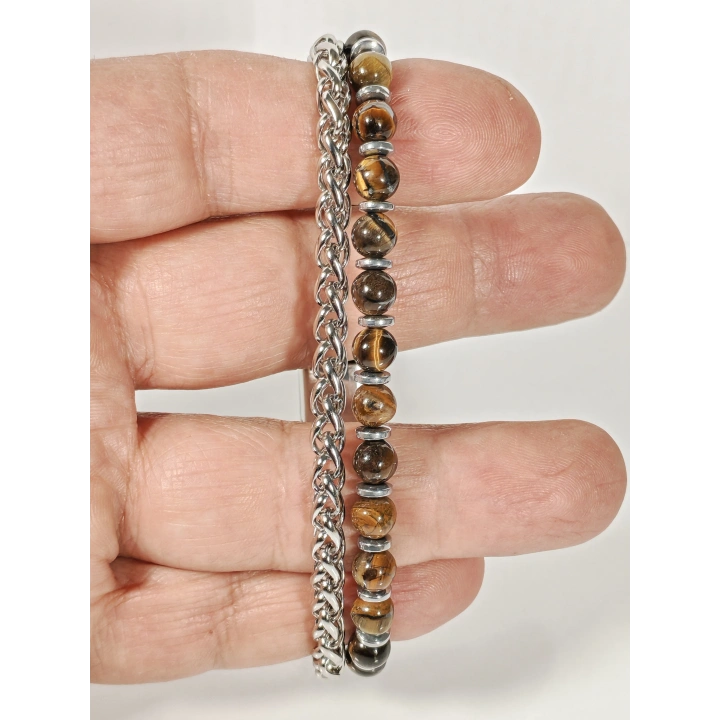 Çelik Zincirli Kaplan Gözü ve Hematit Taşlı Bileklik – Güç, Odaklanma ve Özgüven Enerjisi-21 cm