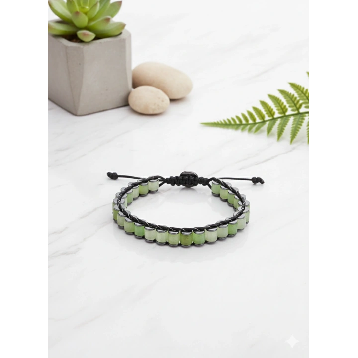 Aventurin Yeşil Doğal Taş Örme Erkek Bilekliği 6X8 mm