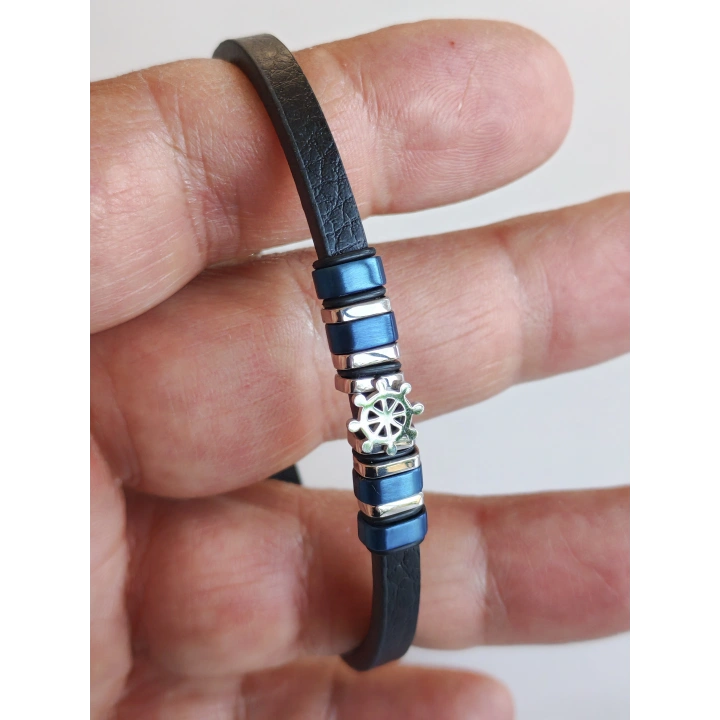 Deri Kordonlu Seramik Taşlı Gemici Dümenli Lüks Erkek Bileklik