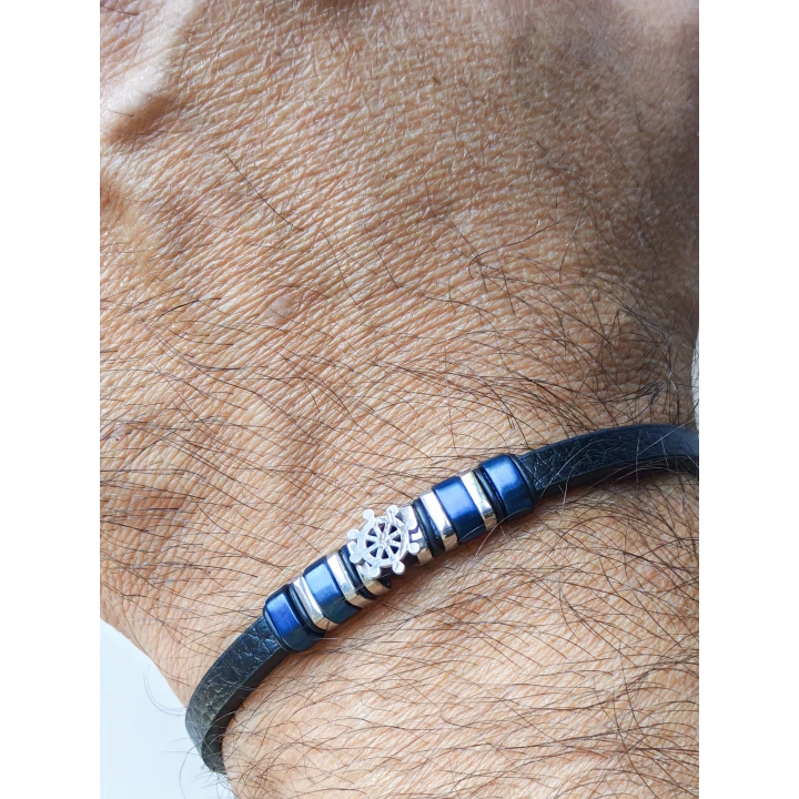 Deri Kordonlu Seramik Taşlı Gemici Dümenli Lüks Erkek Bileklik