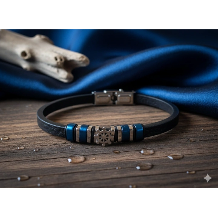 Deri Kordonlu Seramik Taşlı Gemici Dümenli Lüks Erkek Bileklik