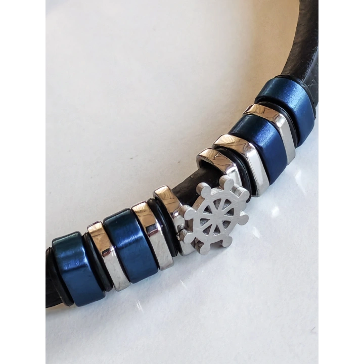 Deri Kordonlu Seramik Taşlı Gemici Dümenli Lüks Erkek Bileklik