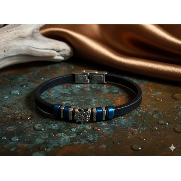 Deri Kordonlu Seramik Taşlı Gemici Dümenli Lüks Erkek Bileklik