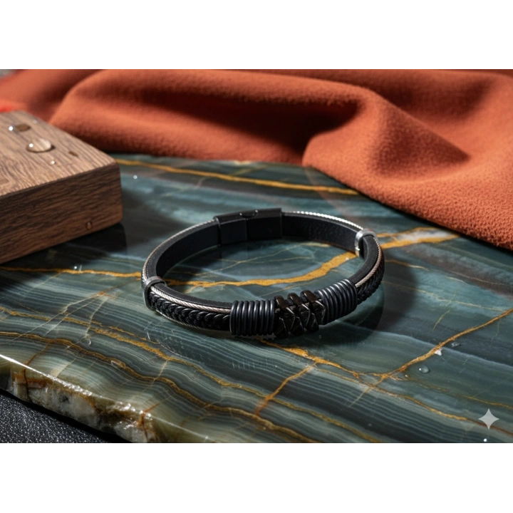 Deri Kordonlu Seramik Taşlı Siyah Erkek Bileklik